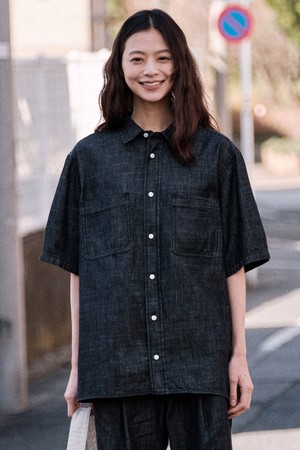워싱 데님 셋업 반팔 셔츠_차콜 그레이 (오버핏)_LDSWB02OSC