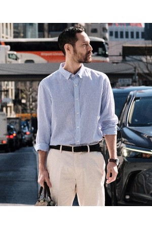 [자개단추] 소프트 린넨 셔츠_스트라이프 블루 (레귤러핏)_JDSXZ51CTL