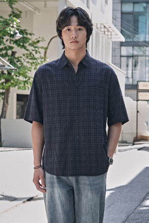 시어서커 체크 반팔 셔츠_네이비(오버핏)_LDSXB65OCN