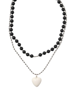 Color Jamstone and Heart Layered Necklace[set]-Black & White