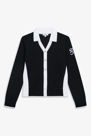 WOMEN 카라탈착 배색 가디건_BLACK-a