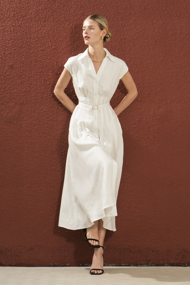 cordinary - 반소매 원피스 - Tencel-linen Cap sleeve belted dress - white