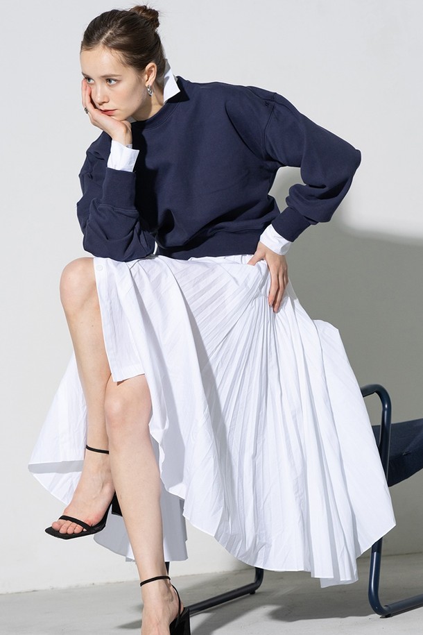 cordinary - 긴소매 원피스 - Open collar hidden pleats dress - white