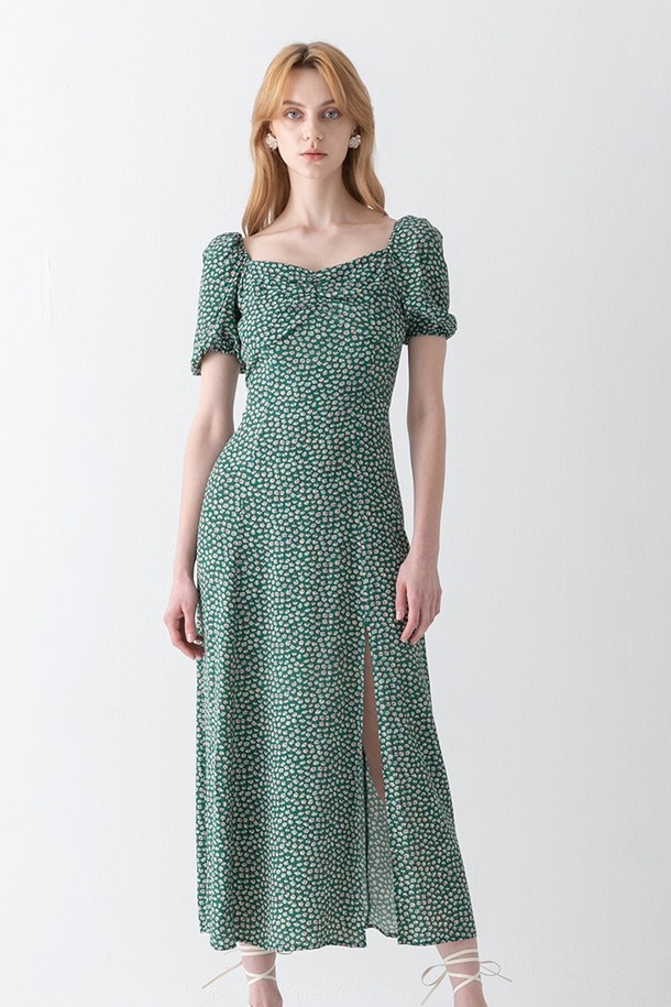 cordinary - 반소매 원피스 - Flower-patterned puff sleeve long dress - green