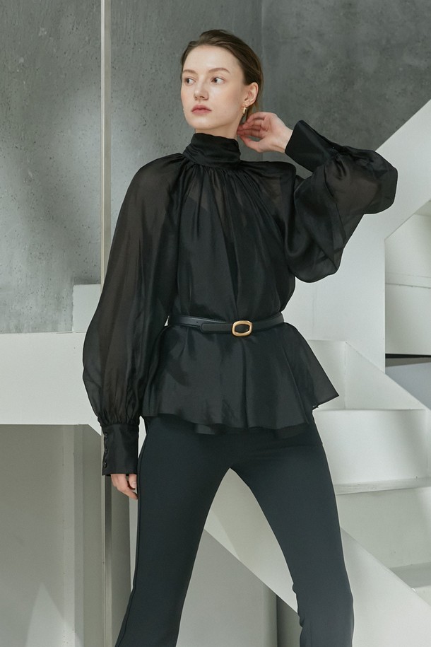 cordinary - 블라우스 - Raglan high-neck see-through blouse - black