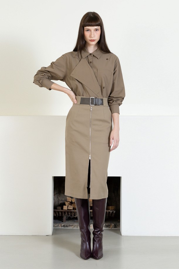 cordinary - 미디스커트 - Belted two-way zipper dobby skirt - beige