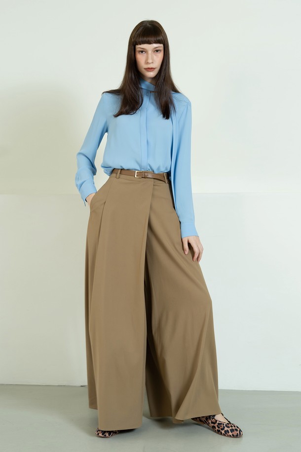 cordinary - 롱/미디팬츠 - Wide silky wrap trousers with belt - camel