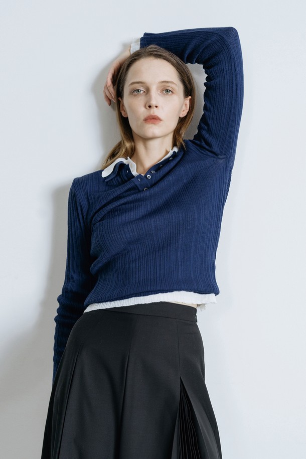 cordinary - 스웨터 - Collared see-through knitwear - navy