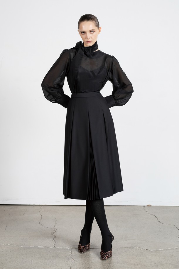 cordinary - 미디스커트 - Hidden accordian pleats skirt - black