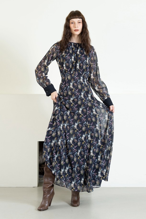 cordinary - 긴소매 원피스 - French cuff chiffon maxi dress - navy