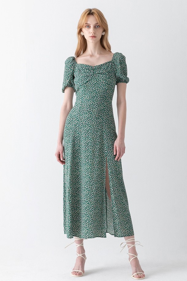 cordinary - 반소매 원피스 - Flower-patterned puff sleeve long dress - green