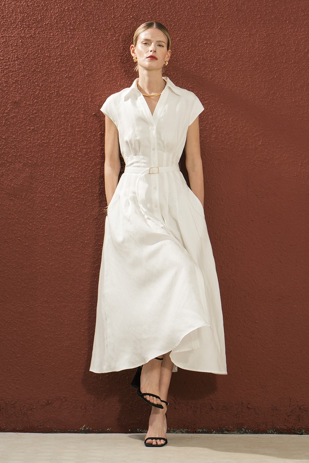 cordinary - 반소매 원피스 - Tencel-linen Cap sleeve belted dress - white