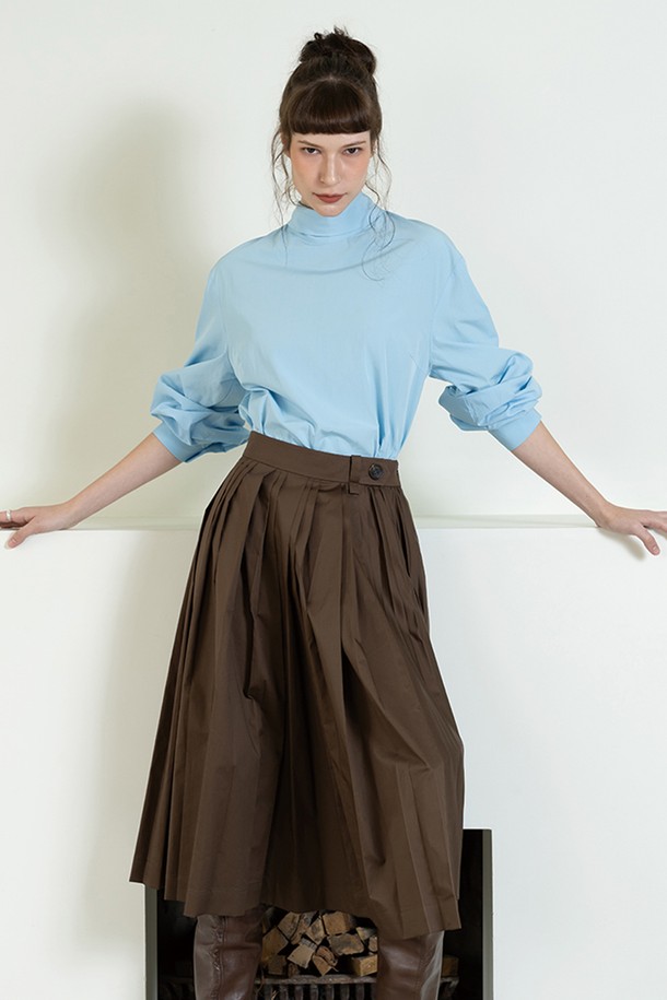 cordinary - 미디스커트 - Side accordian unbalanced pleats skirt - brown