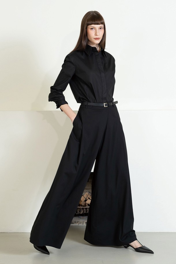 cordinary - 롱/미디팬츠 - Wide silky wrap trousers with belt - black