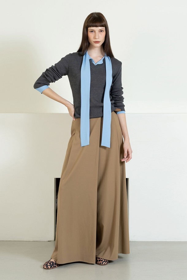 cordinary - 롱/미디팬츠 - Wide silky wrap trousers with belt - camel