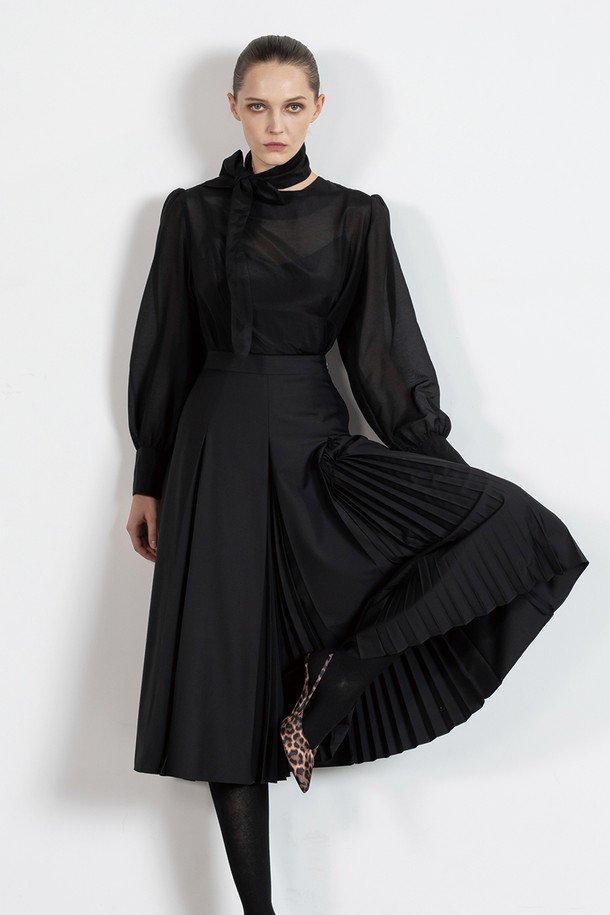 cordinary - 미디스커트 - Hidden accordian pleats skirt - black