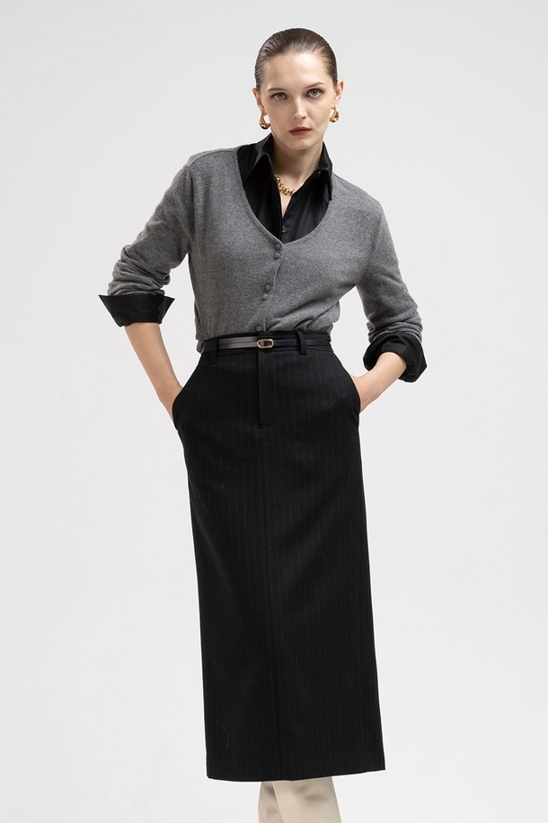 cordinary - 롱스커트 - Wool striped pencil skirt - black