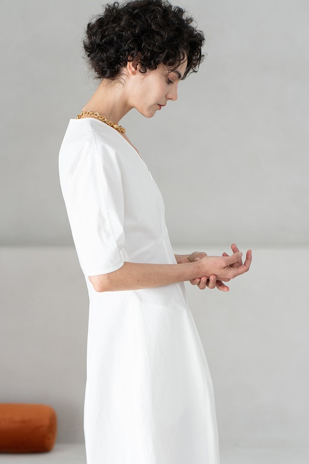 cordinary - 반소매 원피스 - Mid-length linen daily dress - white