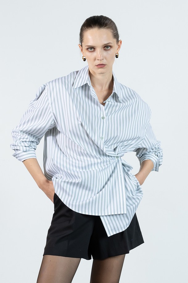 cordinary - 셔츠 - Oversized stripe buttons wrap shirt - mint