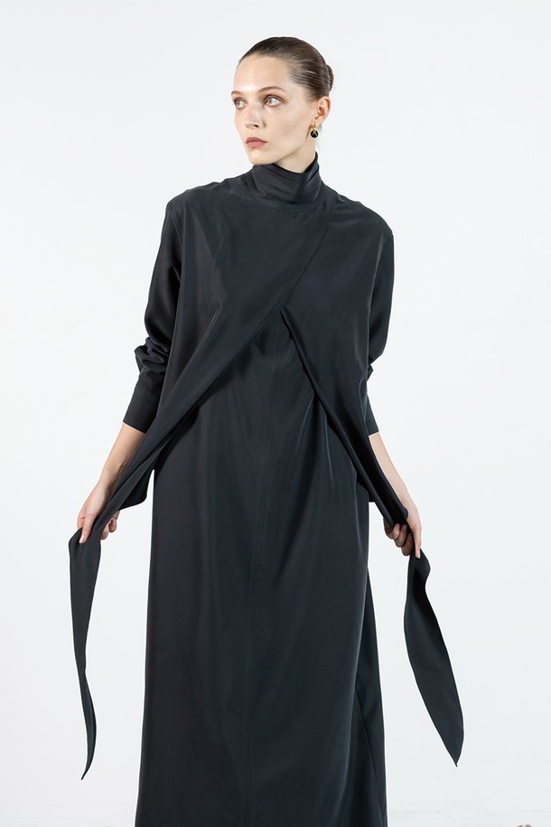 cordinary - 긴소매 원피스 - High- necked wraping dress - black