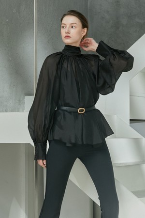 Raglan high-neck see-through blouse - black