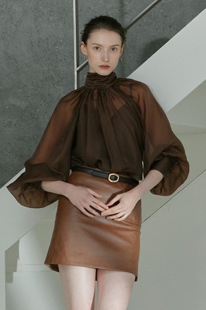 Raglan high-neck see-through blouse - brown