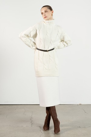 Cable turtleneck knitted dress - ivory