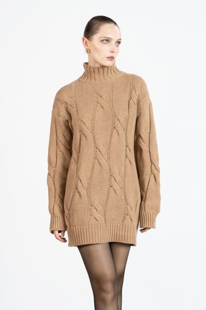 Cable turtleneck knitted dress - beige