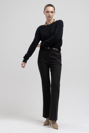 Piping slim boot-cut pants - black