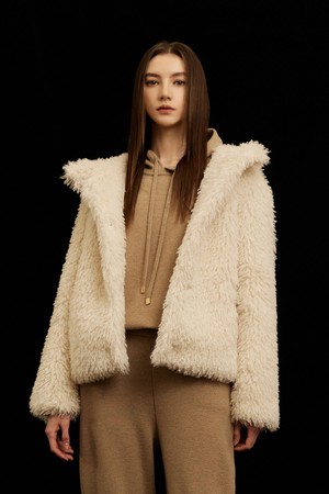 Textured Fur Hoodie Jacket Ivory