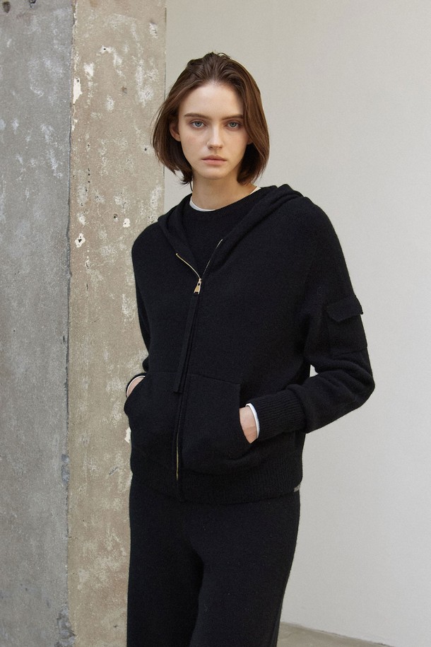 MARE DI MARI - 가디건 - Cashmere 100% Wholegarment Hoodie Zip-up Black