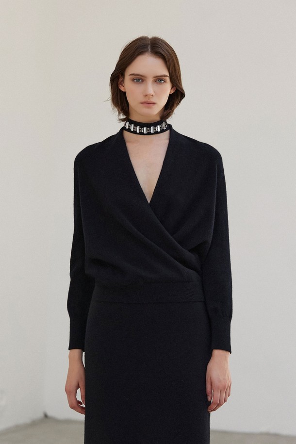 MARE DI MARI - 스웨터 - Cashmere Shawl Collar Wrap V-Neck Knit Top Black