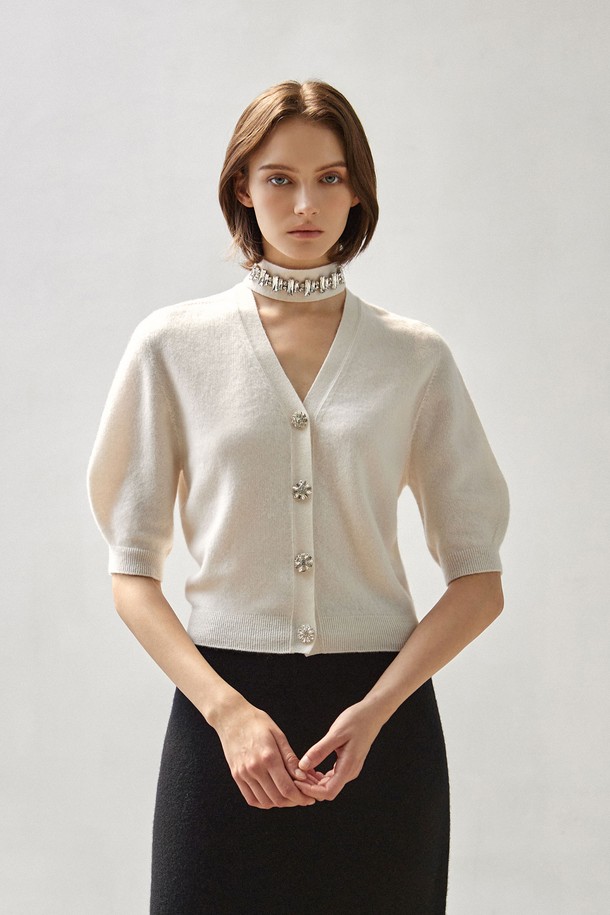 MARE DI MARI - 가디건 - Cashmere 100% Jewelry Half-Sleeve Cardigan Ivory