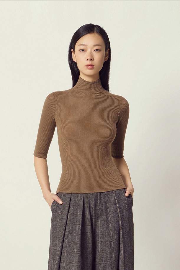 MARE DI MARI - 터틀넥 - Wholegarment Mock-neck Half Sleeve Knit Top Camel