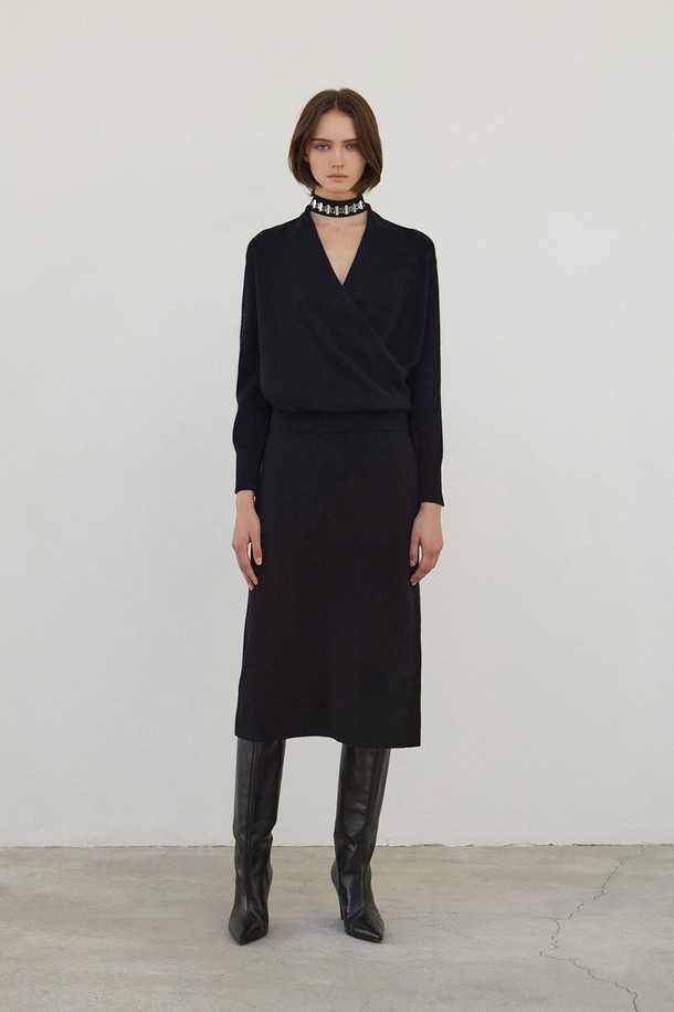 MARE DI MARI - 스웨터 - Cashmere Shawl Collar Wrap V-Neck Knit Top Black