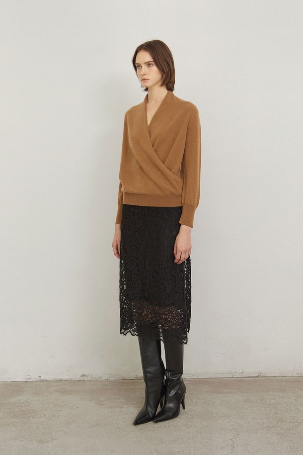 MARE DI MARI - 스웨터 - Cashmere Shawl Collar Wrap V-Neck Knit Top Camel