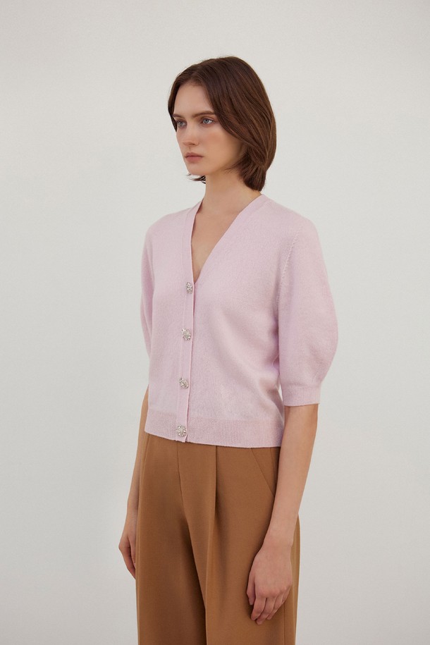 MARE DI MARI - 가디건 - Cashmere 100% Jewelry Half-Sleeve Cardigan Pink