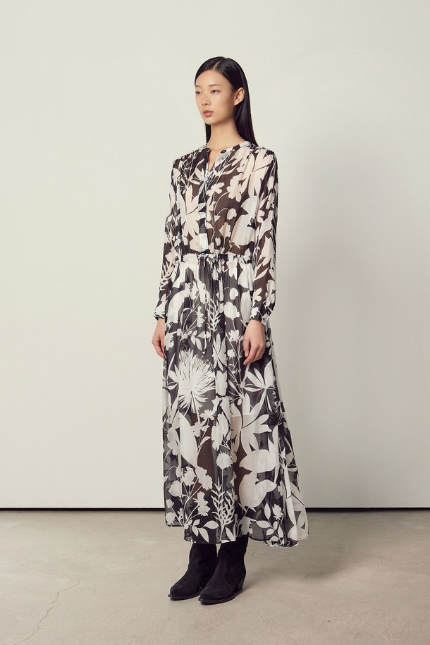 MARE DI MARI - 긴소매 원피스 - Printed Silk Long Sleeve Dress Black