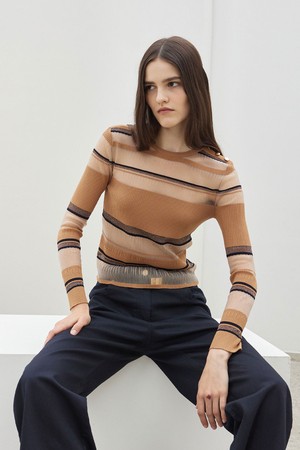 See-through Stripe Knit Top Camel