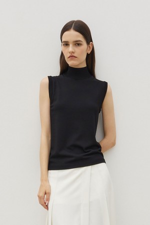 Wholegarment Mock Neck Sleeveless Knit Top Black