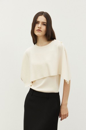 Unbalanced Gold Button Knit Cape Ivory