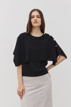 Unbalanced Gold Button Knit Cape Black