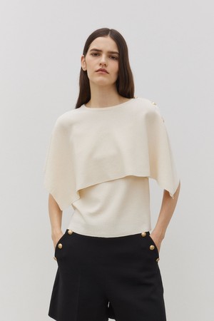 Unbalanced Gold Button Knit Cape Beige