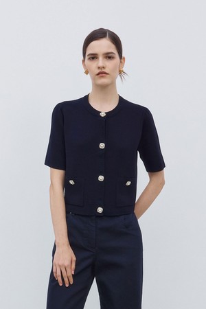 Jewel Button Half Sleeve Knit Cardigan Navy