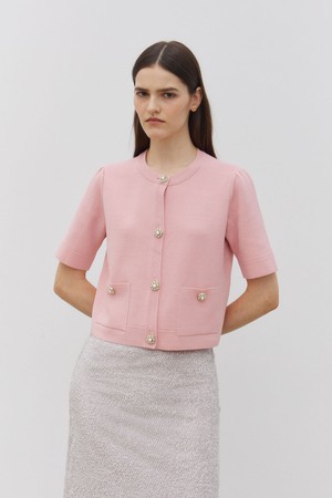 Jewel Button Half Sleeve Knit Cardigan Pink