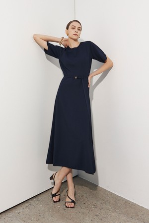 Half Sleeve Round Neck Belted Knit Dress Navy