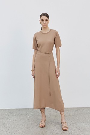 Half Sleeve Round Neck Belted Knit Dress Beige