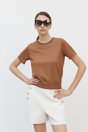 Layered Half Sleeve Knit Top Camel