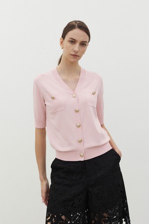 Buttoned Half Sleeve knit cardigan Pink