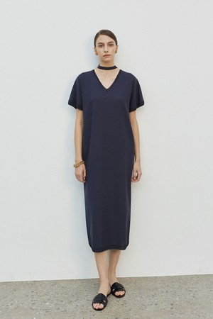 String Point V Neck Long Dress Navy